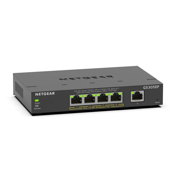 NETGEAR GS305EP - 5-porttinen kevythallittava PoE+-kytkin, 63 W