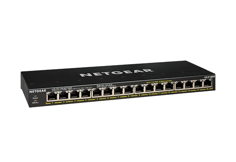 NETGEAR GS316P - 16-porttinen hallitsematon PoE+-kytkin, 115 W