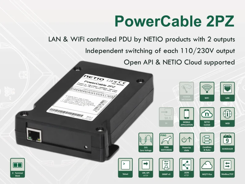 NETIO PowerCable 2PZ - litteä PDU, 2 lähtöä, riviliittimet